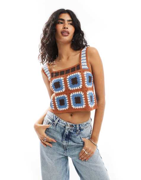 Narrated Square neck crochet vest top in brown multi - view 1