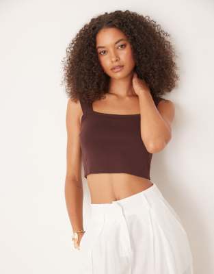 Narrated Square neck crop top in chocolate brown - view 1
