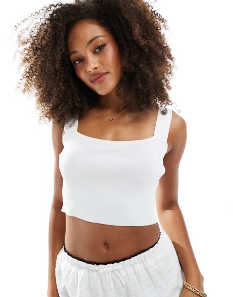 Narrated Square neck crop top in white