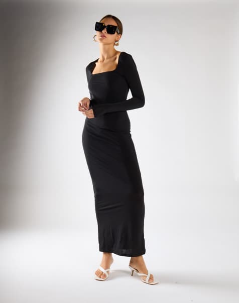 Narrated Square neck long sleeve maxi dress in black - view 1