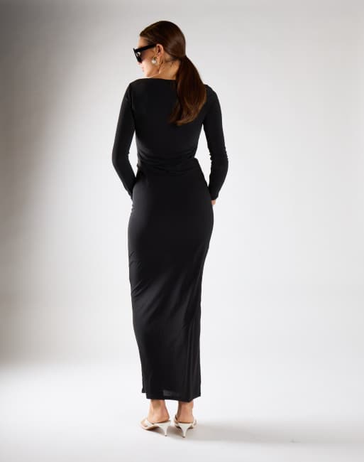 Narrated Square neck long sleeve maxi dress in black, 2 of 4