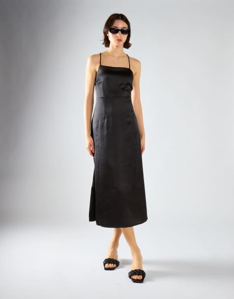 Narrated Square-neck maxi-dress in black sateen - view 1