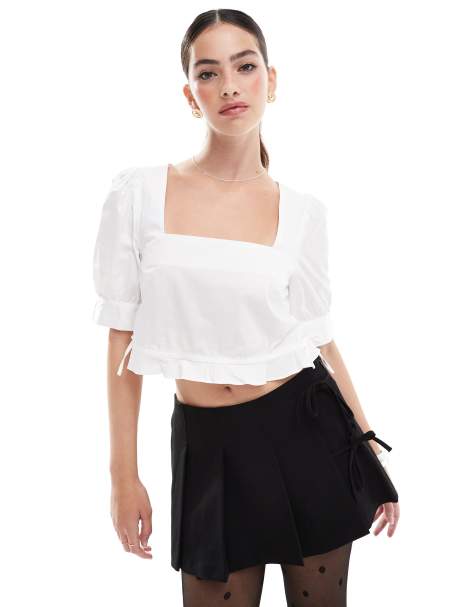 Narrated Square neck puff sleeve crop top in off white - view 1
