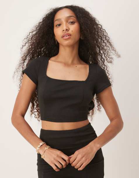 Narrated Square neck tie back crop top in black - view 1
