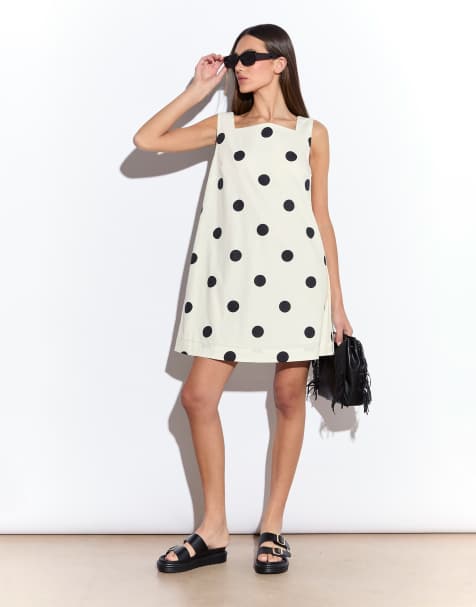 Narrated Square neckline shift mini dress in cream spot - view 1