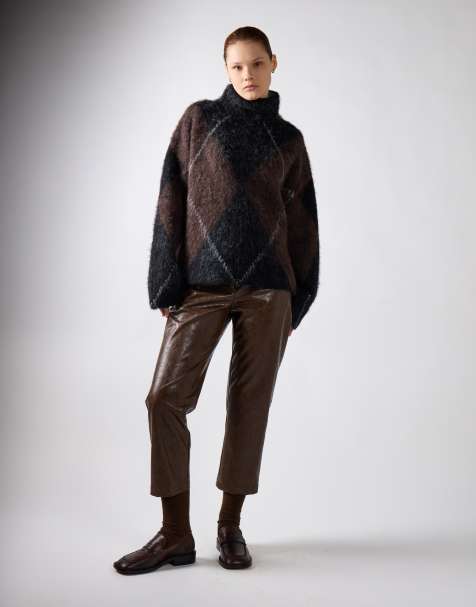 Narrated Straight leg cropped trousers in brown pu - view 1