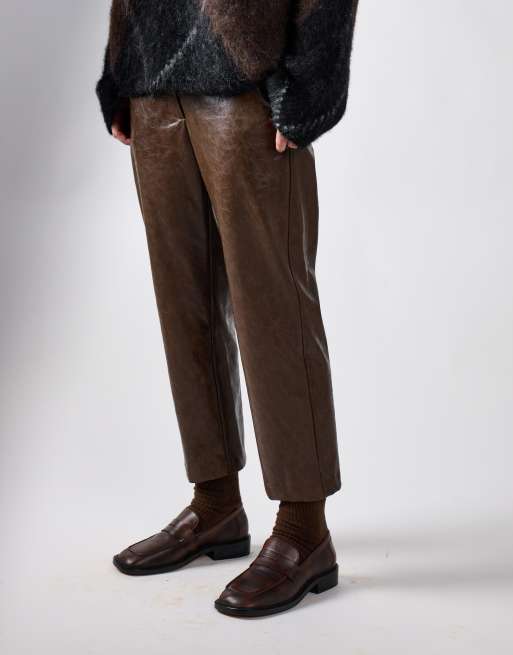 Narrated Straight leg cropped trousers in brown pu, 2 of 4
