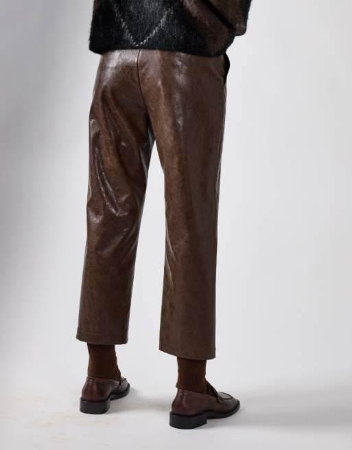 Narrated Straight leg cropped trousers in brown pu, 3 of 4