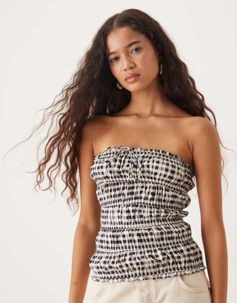 Narrated Strapless gathered top in black white gingham print