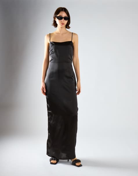 Narrated Strapless maxi dress in black satin