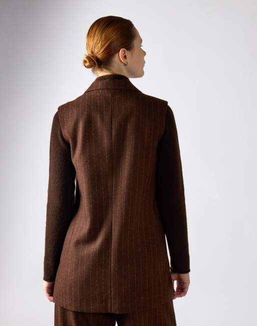 Narrated Tailored longline vest in brown stripe, 2 of 4