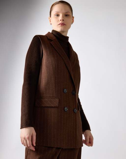 Narrated Tailored longline vest in brown stripe, 3 of 4