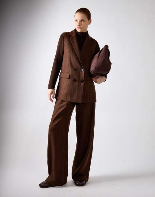 Narrated Tailored longline vest in brown stripe, 4 of 4