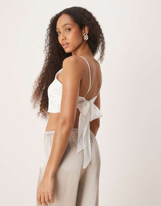 Narrated Tie back cami top in white satin, 2 of 4