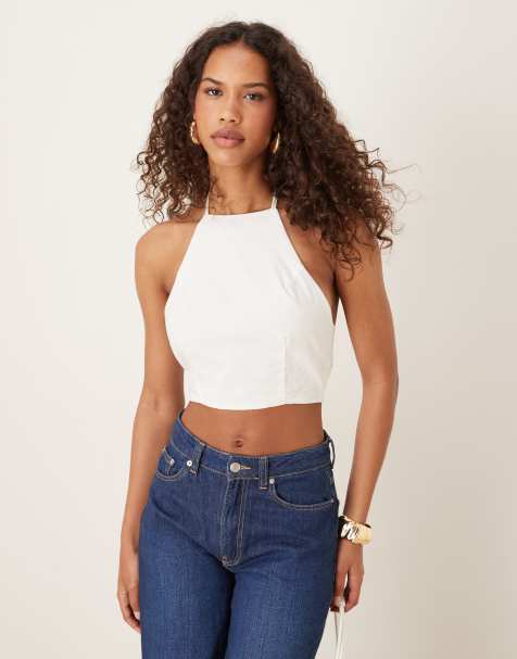 Narrated Tie back detail crop top in off white - view 1