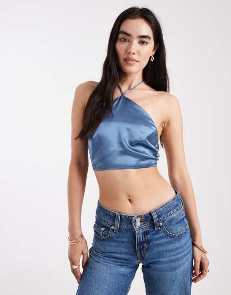 Narrated Tie back halterneck top in soft petrol blue satin - view 1