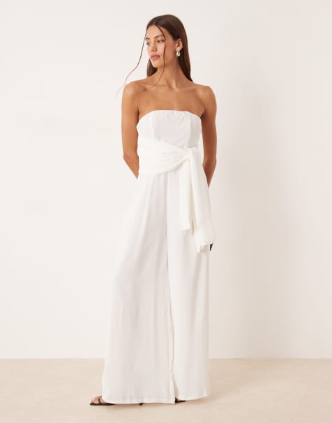 Narrated Tie front bardot jumpsuit in white - view 1