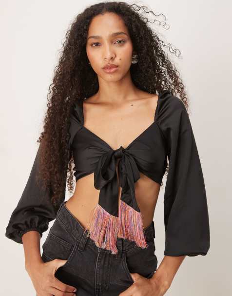 Narrated Tie front cropped blouse in black - view 1