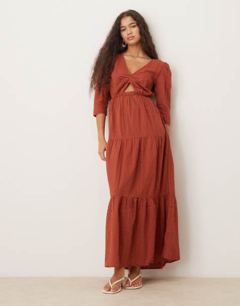 Narrated Tiered keyhole maxi dress in rust