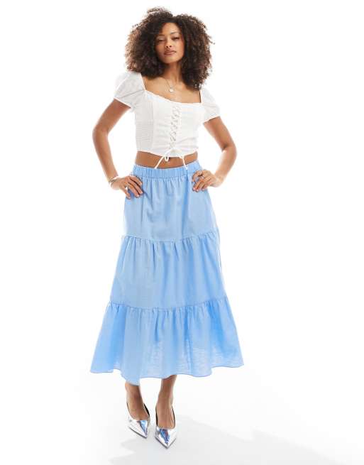 Narrated Tiered midi-skirt in cornflower blue