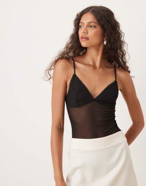 Narrated V neck sleeveless bodysuit in black