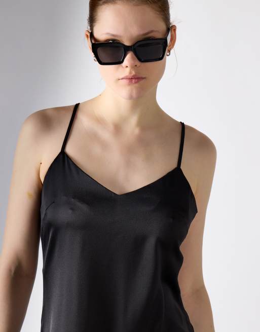 Narrated V-neck spaghetti strap midi dress in black sateen, 4 of 4