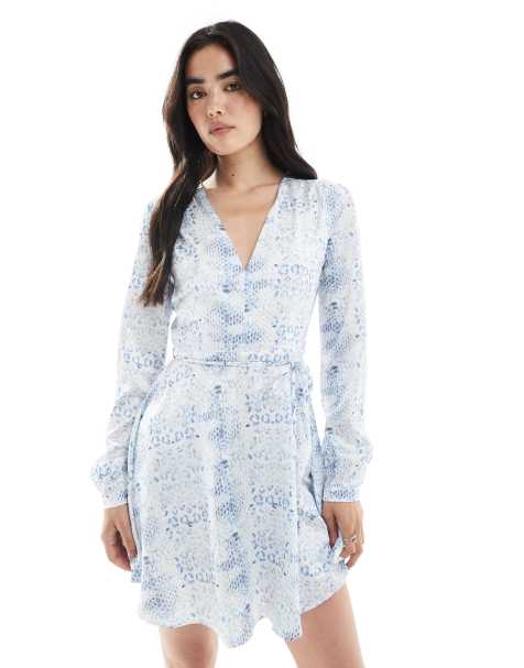 Narrated V-neck waist tie mini dress in white blue animal - view 1