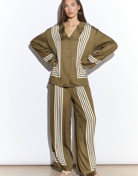 Narrated Wide leg trousers in olive cream stripe - view 1