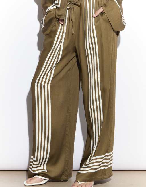 Narrated Wide leg trousers in olive cream stripe, 2 of 4