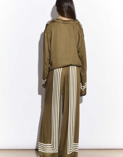 Narrated Wide leg trousers in olive cream stripe, 3 of 4