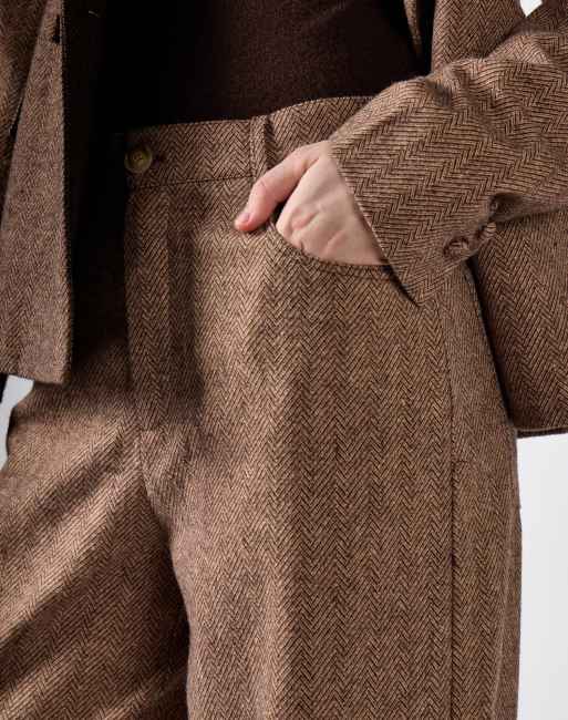 Narrated Wide leg tweed pants in brown herringbone, 2 of 4