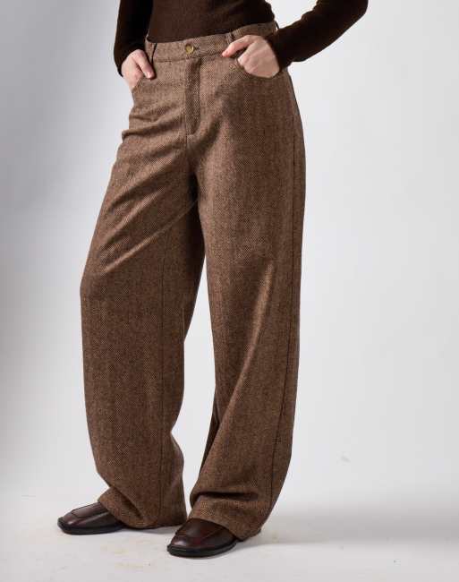 Narrated Wide leg tweed pants in brown herringbone, 3 of 4