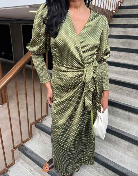 Narrated Wrap maxi dress with tie detail in green mini dot - view 1