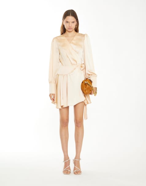 Narrated Wrap mini dress with puff long sleeves in peach sateen - view 1