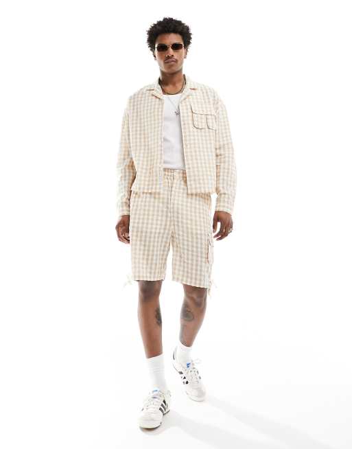 Native - Geruite short met textuur in lichtbeige