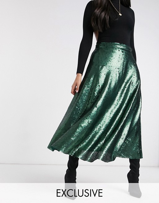 Native Youth a line midi skirt in green sequin