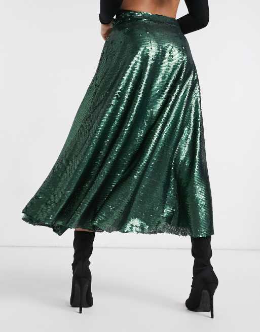 Green glitter shop midi skirt