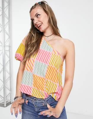 asymmetric puff sleeve one shoulder swing top in textured check-Multi