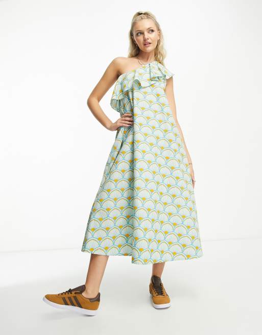 Native Youth - Asymmetrische midaxi jurk met schelpenprint in blauw