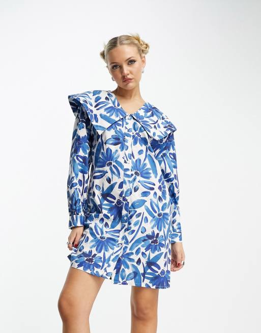 Native Youth batik print oversized collar cotton mini dress in blue | ASOS