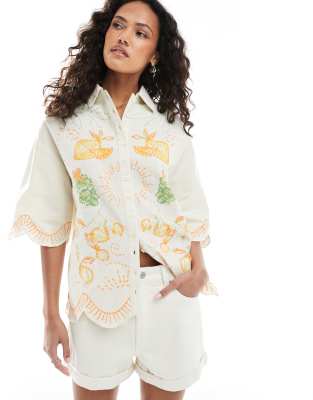 Native Youth Native Youth] beach embroidered scallop edge blouse in white