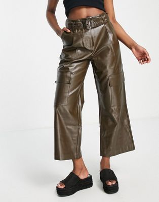 Native Youth belted faux leather trousers with cargo pockets in olive