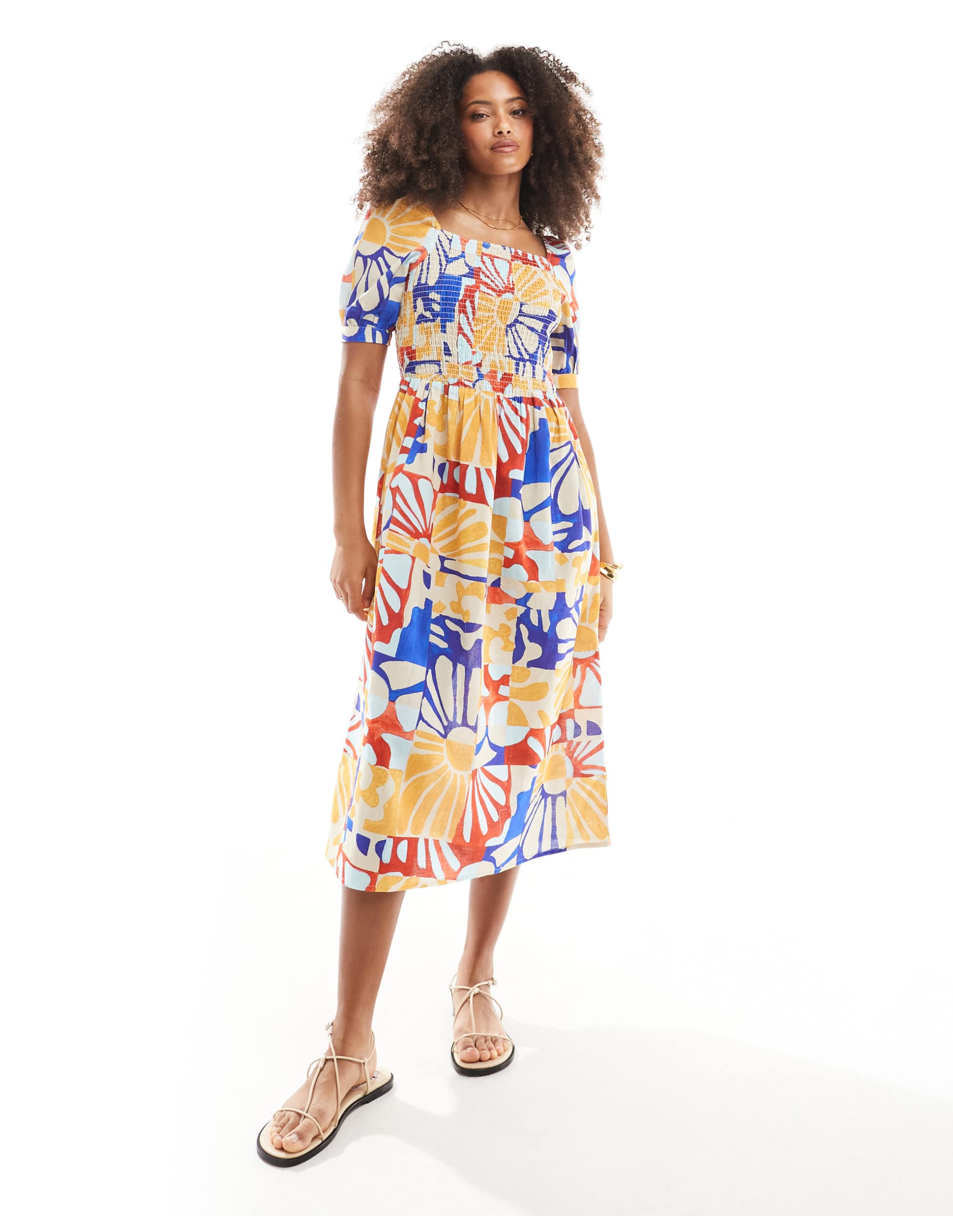 native youth bold bloom puff sleeve midaxi dress in multi