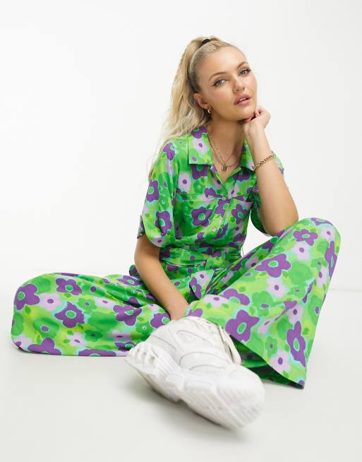 Native Youth bold floral belted boilersuit in green and purple, 2 of 4