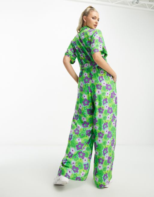 Native Youth bold floral belted boilersuit in green and purple, 4 of 4