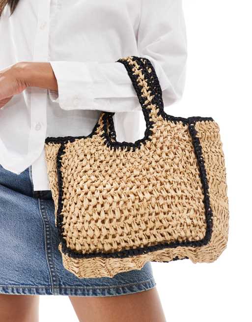 Native Youth - Borsa piccola in rafia colore naturale con bordi a contrasto
