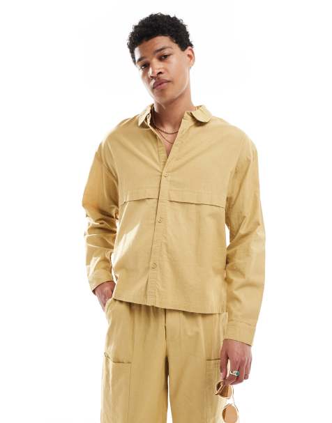 Native Youth boxy linen shirt in washed khaki - view 1