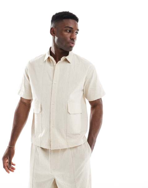 Native Youth boxy linen shirt with cornelli embroidery co-ord in cream - view 1