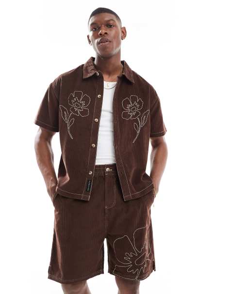 Native Youth boxy corduroy shirt with contrast stitch embroidery in brown