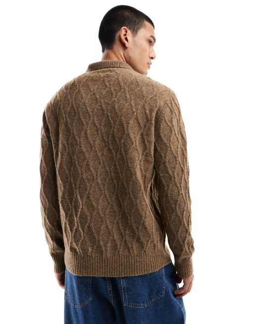 Native Youth – Brun, flätstickad tröja med ståkrage och kort dragkedja, 3 av 4